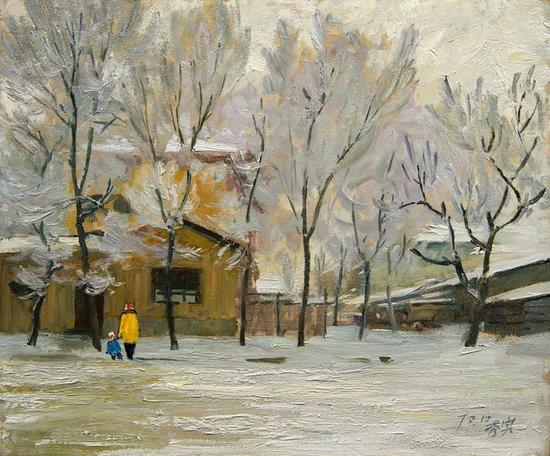 李秀实 哈尔滨---家门前的雪;  1972年、油画三合板、37.8x45.2