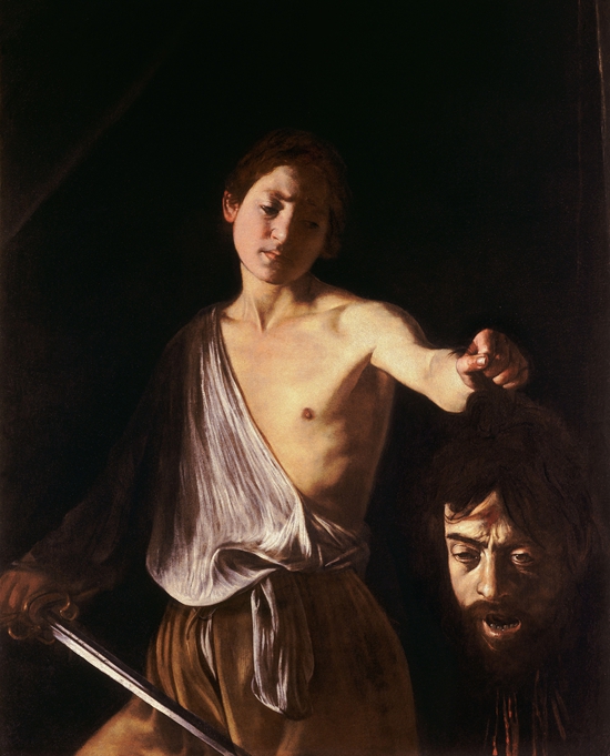 卡拉瓦乔油画作品《手持歌利亚首级的大卫》，画中歌利亚首级即画家本人形象。