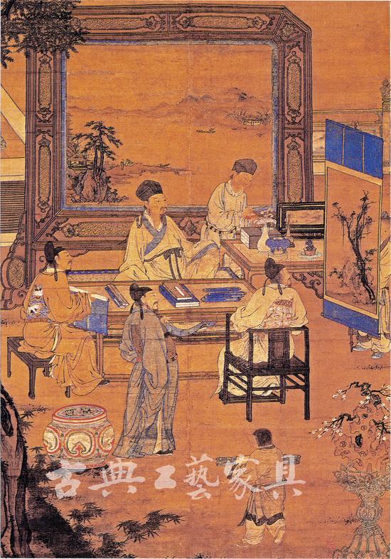 明 杜堇 《十八学士图屏》,图中左下角的鼓状物件,或为绣墩之参考。