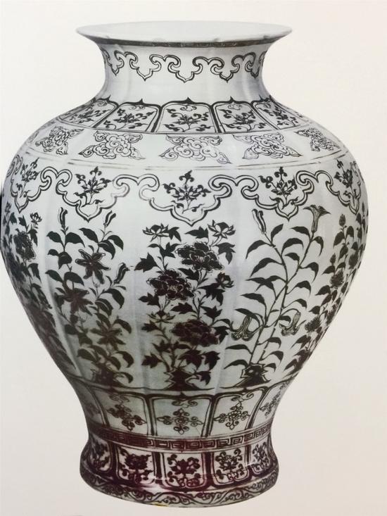 明洪武 釉里紅 石榴花鳥紋 菱口皿 中国美術 高さ8CM 横47.5CM 明洪武 釉里紅 石榴花鳥紋 菱口皿 中国美術 高さ8CM 横47.5CM