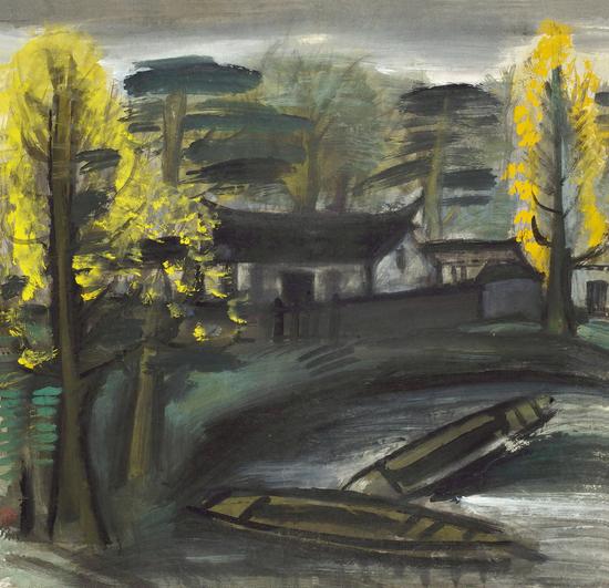 林风眠 《河畔 》镜心 设色纸本
尺寸:65×67 cm。约3.92平尺
出版∶《绝色人家——林风眠绘画》,P119, 香港大学美术博物馆,2003 年 11 月