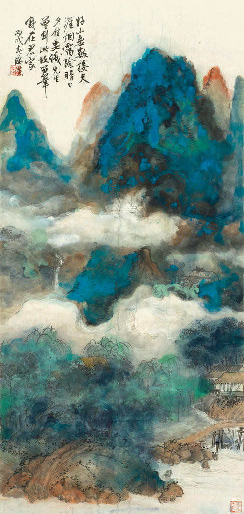 刘海粟 《 遥岑烟霭图》 立轴 设色纸本
丙戌(1946年)作 尺寸:133×62 cm。约7.4平尺