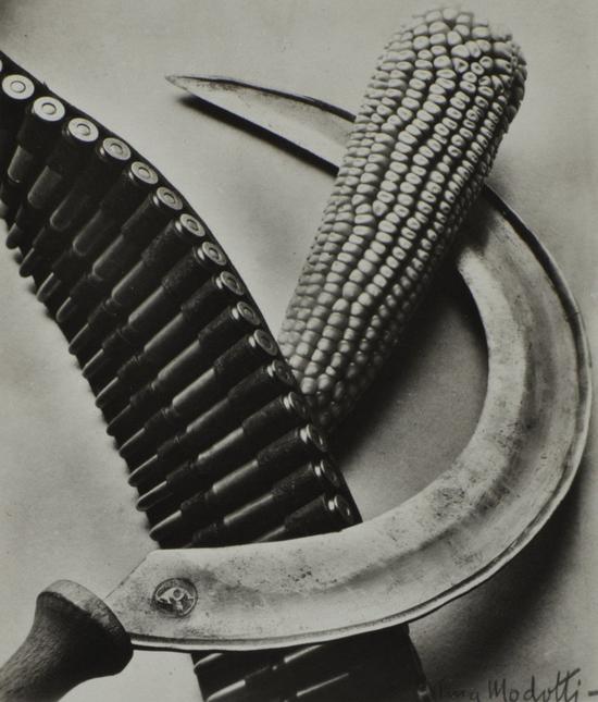 蒂娜·莫多蒂（Tina Modotti），《子弹带、玉米与镰刀》，1927。艾尔顿·约翰爵士摄影收藏。图片：Courtesy Tate