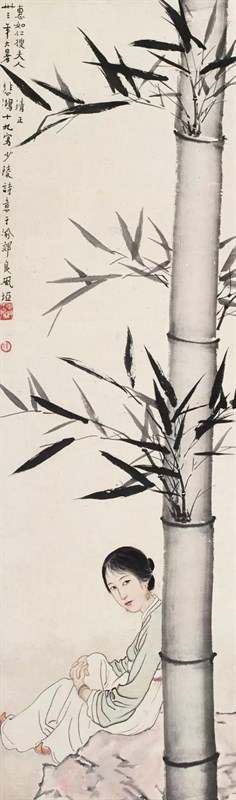 徐悲鸿 少陵诗意1944年作镜框 设色纸本 100.5×30cm