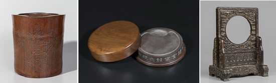 1:清代 “芝道人”款竹雕竹石图笔筒 H17cm 2:清代 八卦镜纹小端砚 D8.6cm;H1.6cm 3:清代 紫檀雕玉壁座屏 H26cm;L17cm: