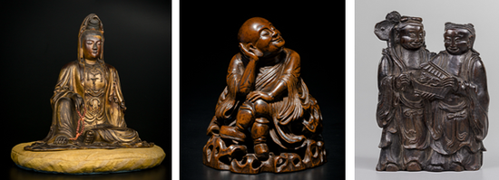 1:明代 金漆木胎自在观音 H35cm 2:清早期 竹雕思维罗汉 H14cm 3:清代 沉香雕和合二仙 H13cm