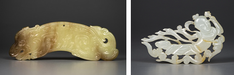 1:明末清初 黄玉虎形佩 L14.5cm 2:清代 白玉飞天 L6.5cm