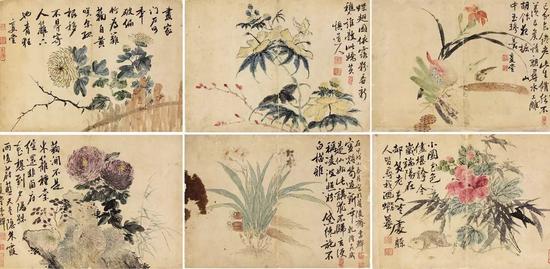 李鱓（1686-1756） 花卉册页六开 设色纸本 册页 39*55cm*6 每幅约1.9 平尺