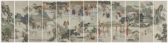 冷枚（1669-1742） 帅府内外（十二通景屏） 设色纸本 条屏 170*48cm*12 每幅约7.3 平尺