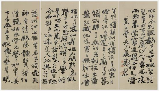 郑板桥 行书四条屏 纸本 镜框 尺寸:107*46*4cm