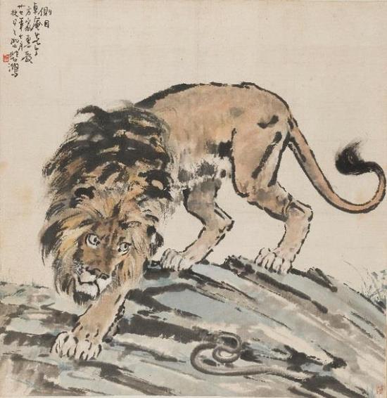 徐悲鸿 《猛狮侧目》 设色纸本 立轴 1938 年作，图源佳士得