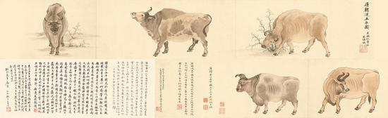 2016西泠秋拍 吴湖帆 摹韩滉五牛图卷 画心：217.5×22.5cm 題跋：61×22.5cm