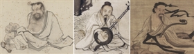  图3 仇英《蕉荫结夏图》（中）与张路《神仙图册》（左）、吴伟《画北海真人像》（右），其线条技法一致