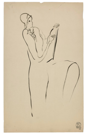 　　SANYU，《端坐的女人》 “Femme assise de profile dessinant”， 1930， 水墨纸本，47 x 28 cm， Jean-Claude Riedel 私人收藏 （估价为8，000 - 10，000欧元 / 8，800 - 11，000美元）