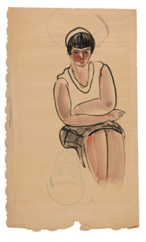 　　SANYU，《端坐的女人》 “Femme assise de profile dessinant”， 1930， 水墨纸本，47 x 28 cm， Jean-Claude Riedel 私人收藏 （估价为8，000 - 10，000欧元 / 8，800 - 11，000美元）