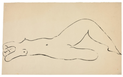 　　SANYU， 《躺着的裸女》 “ Nu allongé ”， 1930， 水墨纸本， 45 x 28 cm， Jean-Claude Riedel 私人收藏 （估价为10，000 - 15，000欧元 / 11，000 - 16，500美元）