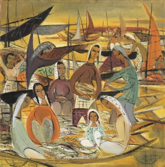 林风眠 《渔村丰收》油彩 画布 80 x 78 cm。 （31 1/2 x 30 3/4 in。） 约1950-1960年代作