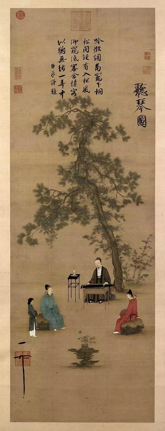 参阅:宋徽宗《听琴图》(图中宋徽宗所抚的正是仲尼式古琴,在制式上与本品一致,本品为标准北宋仲尼式古琴制式)