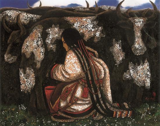 乔十光《牦牛与臧女》漆画 73cmx91cm 1998年