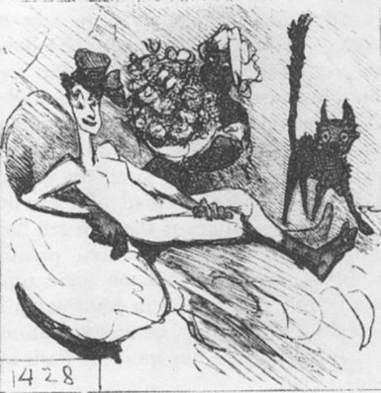 奥林匹亚的妓女身份在这幅1865年的漫画中似乎显露无遗。