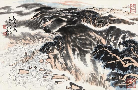 Lot 073 急流放筏 陆俨少 设色纸本纸本 29×45cm 估价：200,000 - 400,000 RMB