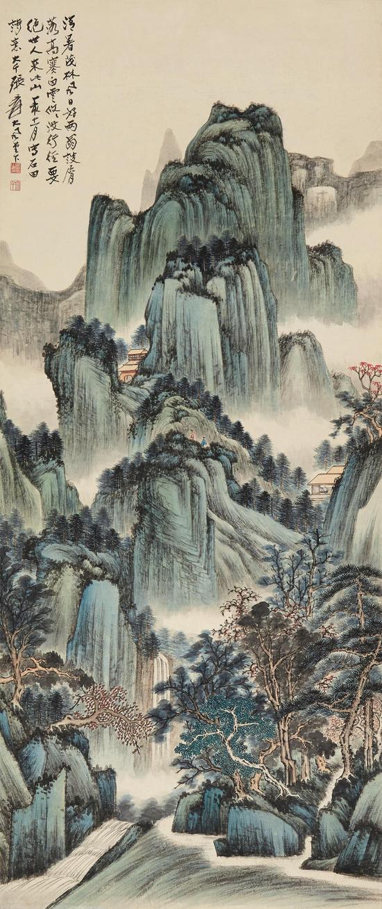 Lot 663 青绿山水 张大千 设色纸本 130×55cm 估价：400,000 - 600,000 RMB