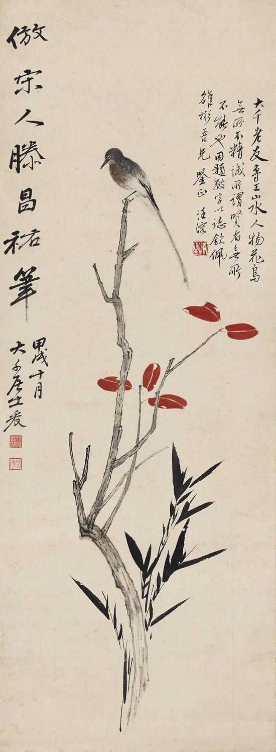 Lot 662 红叶小鸟 张大千 设色纸本 89×32.7cm 估价：200,000 - 400,000 RMB