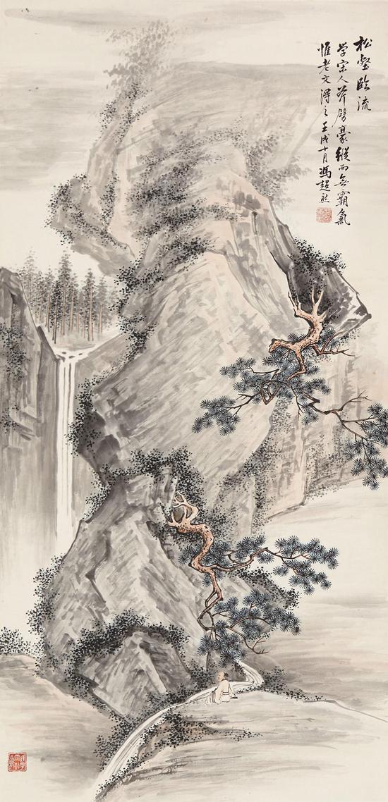 Lot 595  松壑临流 冯超然 设色纸本 107×51cm 估价：250,000 - 300,000 RMB