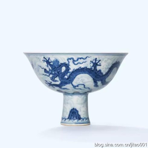 明宣德“青花海水双龙纹内暗花龙纹高足盌”，直径 15.2 cm，成交价：6886万港元