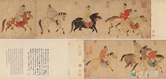 任仁发(元) 五王醉归图 ,题跋35×65.5cm;画心35×210.5cm