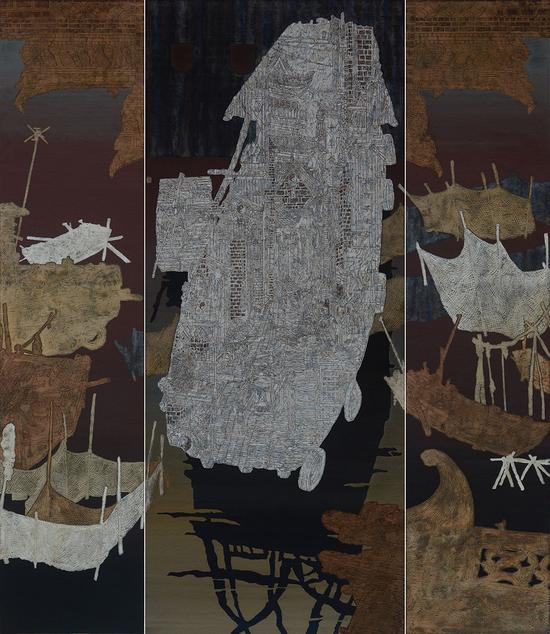 栾剑  《运河•古镇•船家》  工笔重彩   220×195cm  2014年（入选金陵百家中国画展）