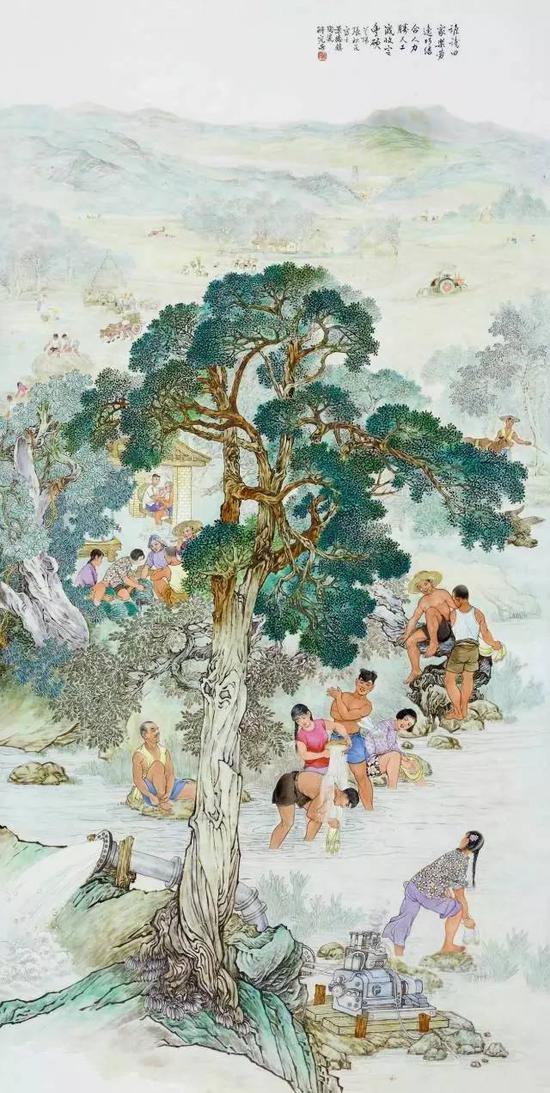 Lot 2086 当代 张松茂 粉彩农村新面貌图瓷板 

　　成交价 ：RMB 3，450，000