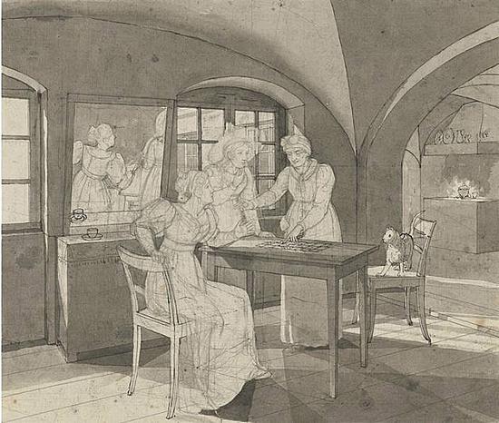 约翰·埃德曼·胡默尔(1769 -1852)
《算命店》
黑色粉笔,钢笔,黑色墨水,淡墨素描,细致的透视线条,水印C & I Honig
36 x 41.4 cm.