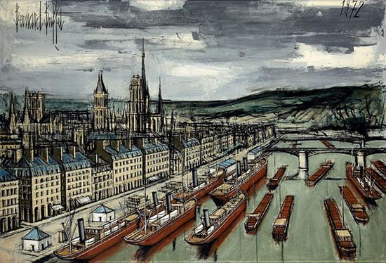 贝尔纳·布菲（Bernard Buffet，1928-1999），《鲁昂，商船和驳船》