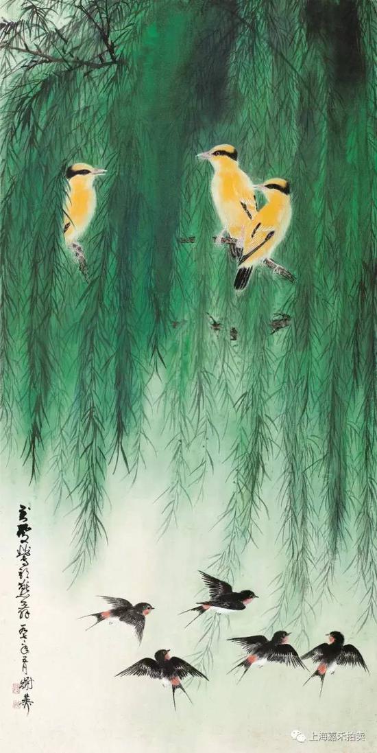 谢稚柳（1910-1997） 莺歌燕舞

　　设色纸本立轴1977年作