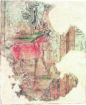 　　圖5、唐安國相王孺人唐氏墓墓道東壁駝馬出行壁畫　　時間：706年 尺寸：長4.64米、高2.52米　　(本版壁畫皆為洛陽古代藝術博物館藏)