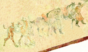 圖1、唐安國相王孺人唐氏墓墓道東壁駝馬出行壁畫　　時間：706年 尺寸：長4.64米、高2.52米