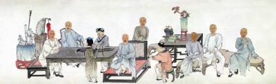 清代胡芑孙、任薰《吴郡真率会图》，描绘的是当时文人雅集的情形，画中左一是过云楼第一代主人顾文彬。
