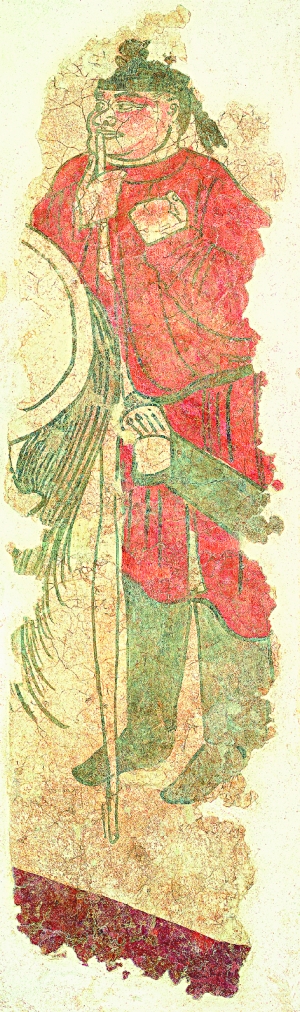 圖4、唐安國相王孺人崔氏墓　　墓道西壁門吏壁畫　　時間：706年 　　尺寸：高2.28米、寬0.67米