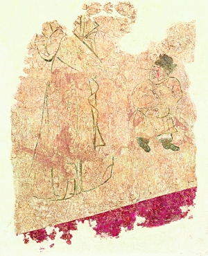　　圖3、唐安國相王孺人唐氏墓第一過洞東壁侍女、侏儒壁畫時間：706年 　　尺寸：高1.57米、寬1.12米