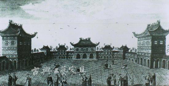 　　图12《中国宫殿的皇帝在北京》， 1770-1790年由舰队街Golden Buck地图与版画商Robert Sayer印刷并售出。