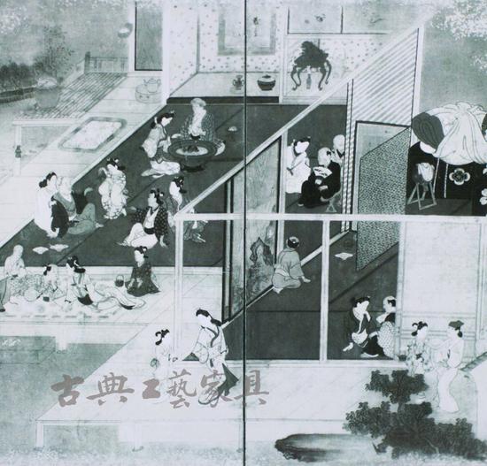 　　图4  菱川师宣《Gardens and Pavilions of Pleasure》局部，江户时期（1615-1867年），六扇屏面，纸本设色，纵78.1厘米，横230