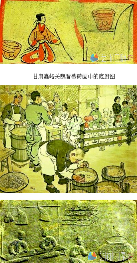 四川彭州汉代画像石中的庖厨图，右边一人正在煮汤粥