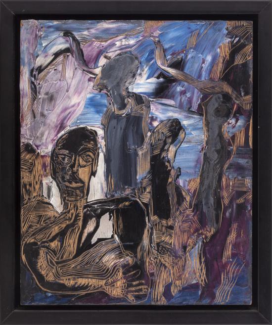 于向溟，影之一，木板油画加木刻，22×27cm，1996