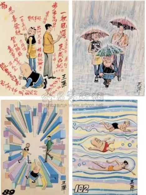 老夫子彩色封面原稿四张：恭喜发财 落雨打伞 耐人寻味 戏泳 成交价：23万人民币