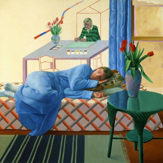 　　大卫·霍克尼，《未完成的自画像与模特》（Model with Unfinished Self-Portrait）。图片：Private Collection ?David Hockney Courtesy Tate