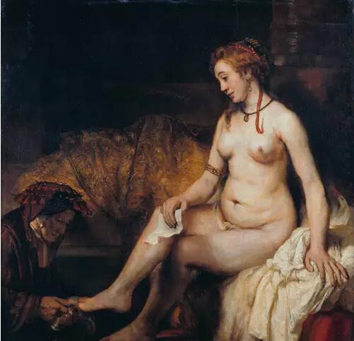 伦勃朗(Rembrandt)《在浴中的拔士巴》(Bathsheba at Her Bath，1654)，The Louvre, Paris