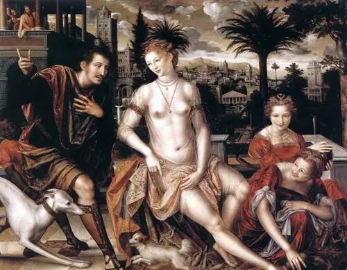 简·马塞斯(Jan Massys)的《拔示巴与大卫的使者》(Bathsheba with David's messenger，1562)