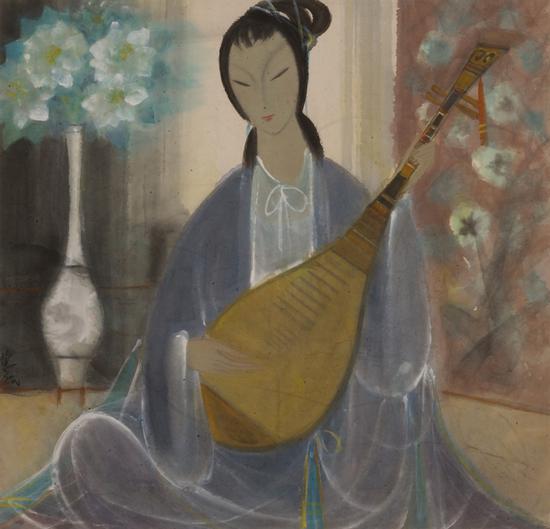 琵琶仕女  1960年代  纸本设色 66x68cm  中华艺术宫藏