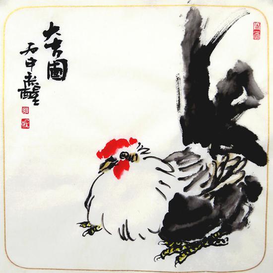 张彦醒，大吉图，纸本设色，38x38cm